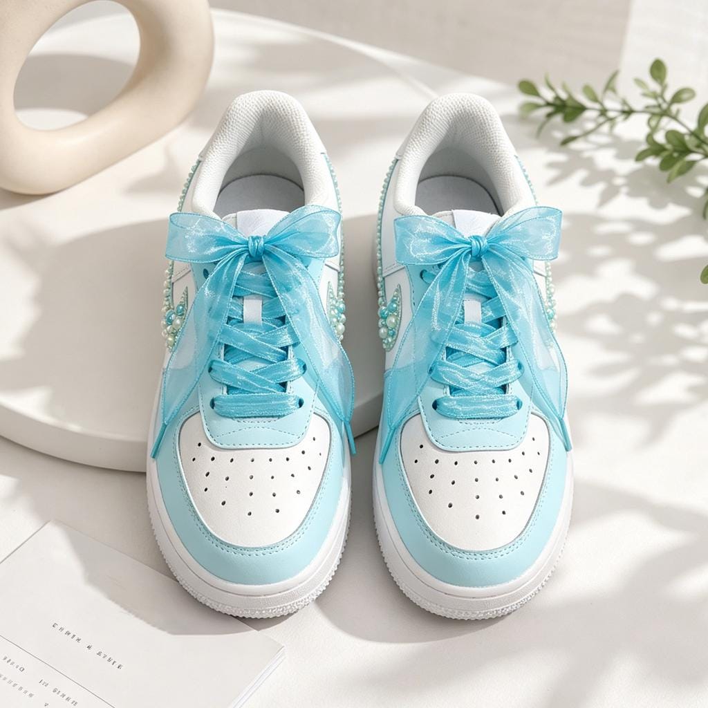 Blue Pearl AF1 With blue silk laces, Blue Wedding Sneakers, Gift for her