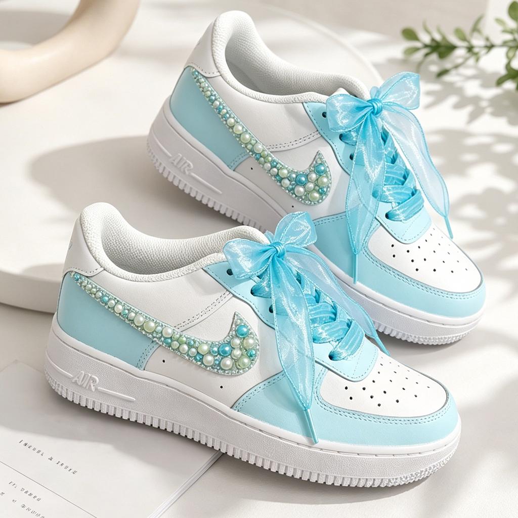 Blue Pearl AF1 With blue silk laces, Blue Wedding Sneakers, Gift for her