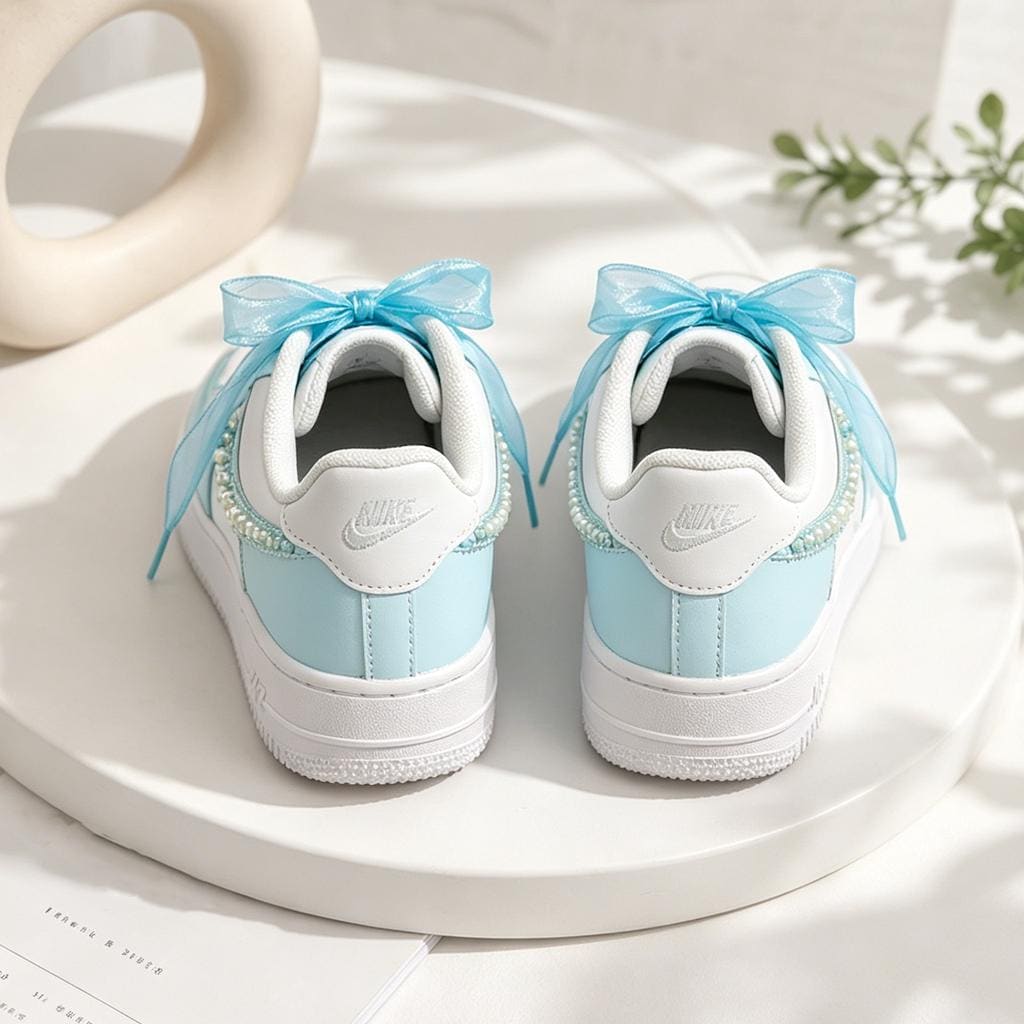 Blue Pearl AF1 With blue silk laces, Blue Wedding Sneakers, Gift for her