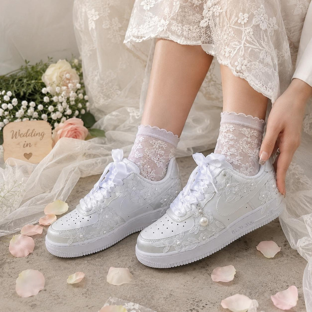 Bridal Wedding Sneakers | Handmade Lace & Pearl Custom Wedding Shoes for Bride, Personalized Name