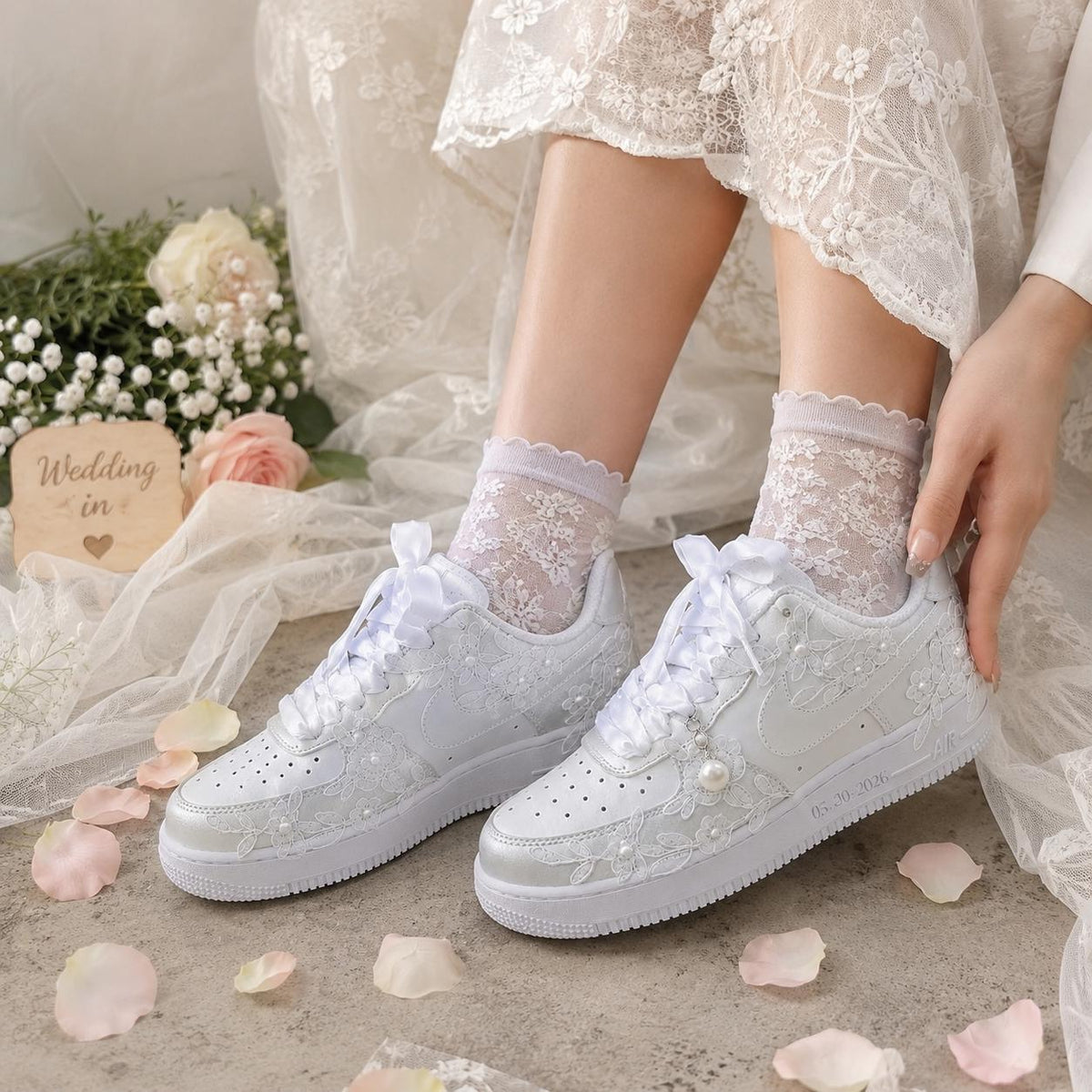 Bridal Wedding Sneakers | Handmade Lace & Pearl Custom Wedding Shoes for Bride, Personalized Name