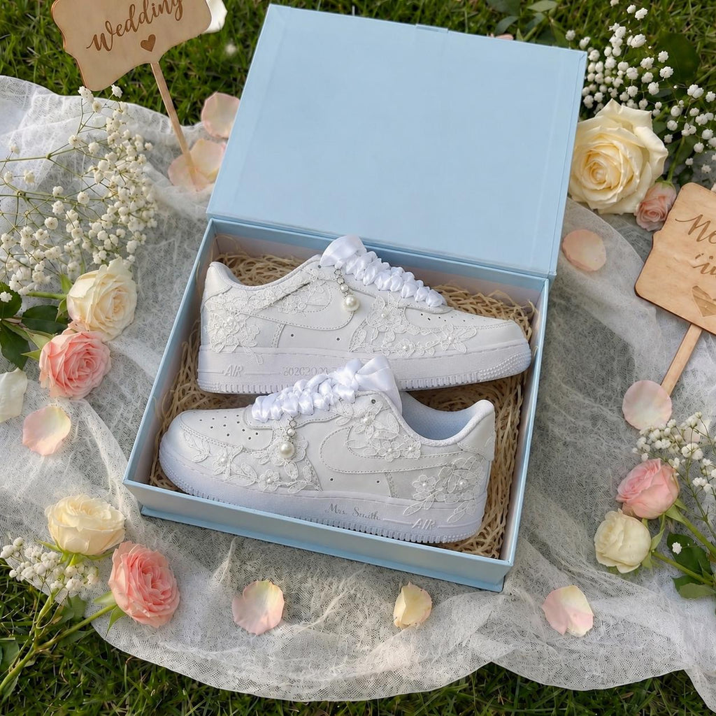 Bridal Wedding Sneakers | Handmade Lace & Pearl Custom Wedding Shoes for Bride, Personalized Name
