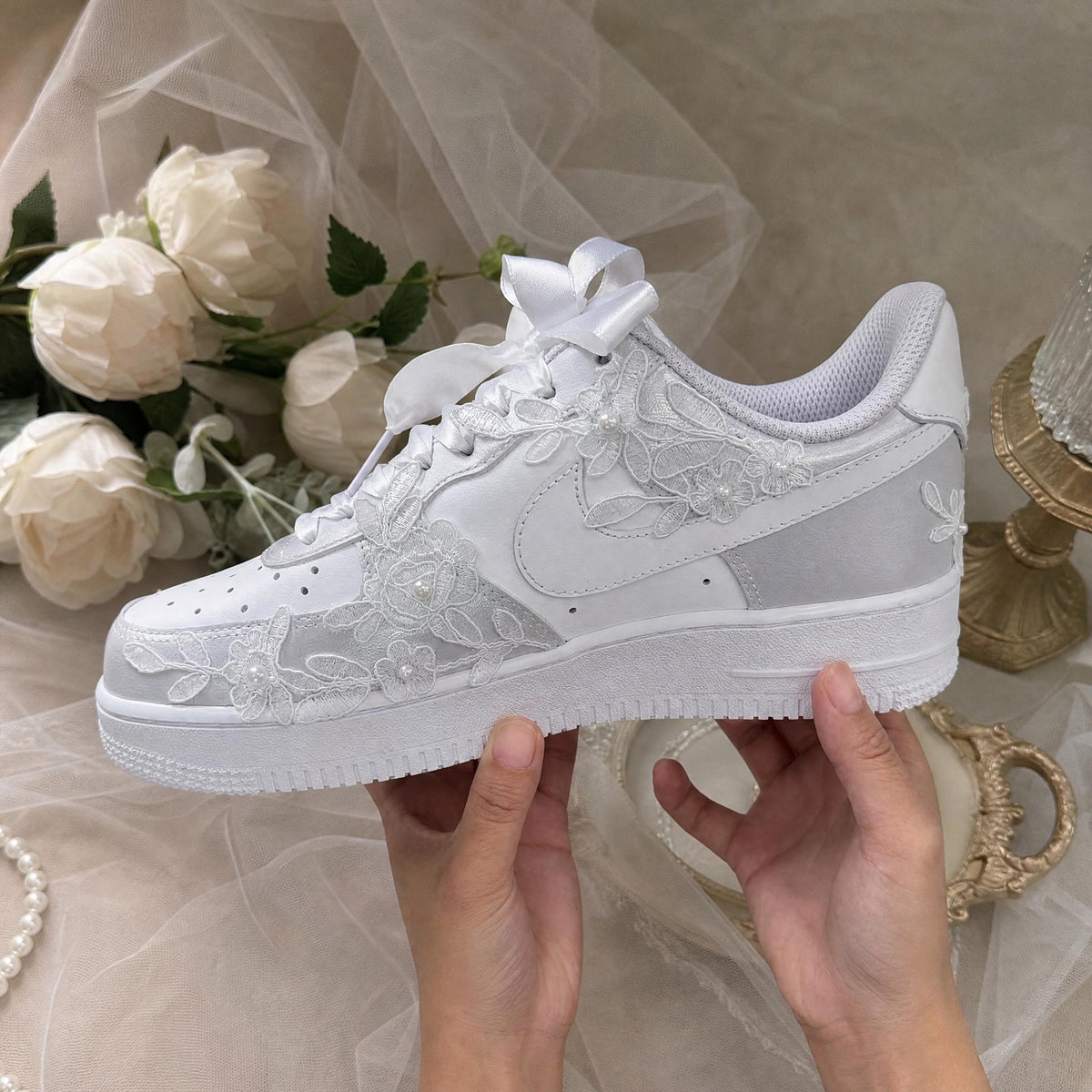 Bridal Wedding Sneakers | Handmade Lace & Pearl Custom Wedding Shoes for Bride, Personalized Name