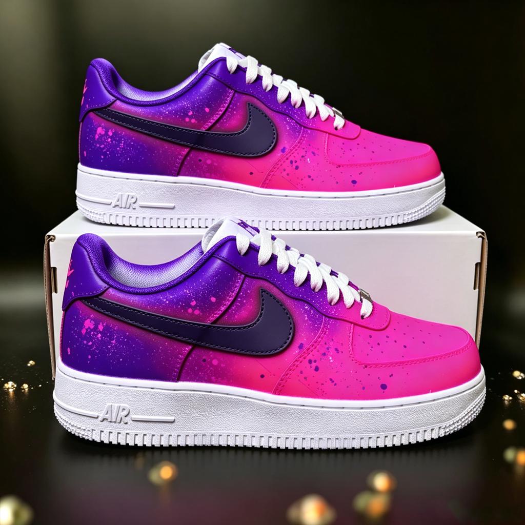 Custom Cyber Pink Purple Air Force 1 Sneakers, Ombre Splatter Streetwear Shoes