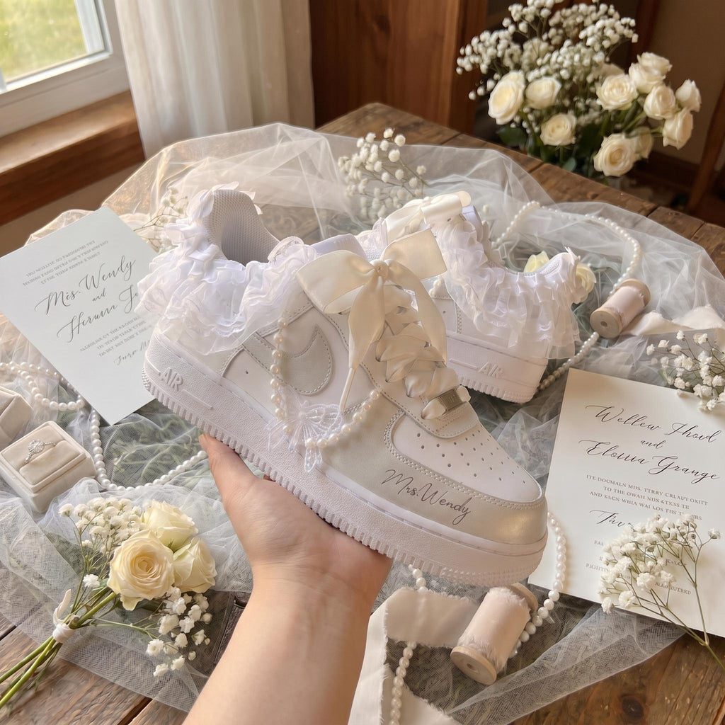 Bridal Wedding Sneakers Ruffled Lace Bow Pearl Custom Shoes for Bride, Personalized Name & Date