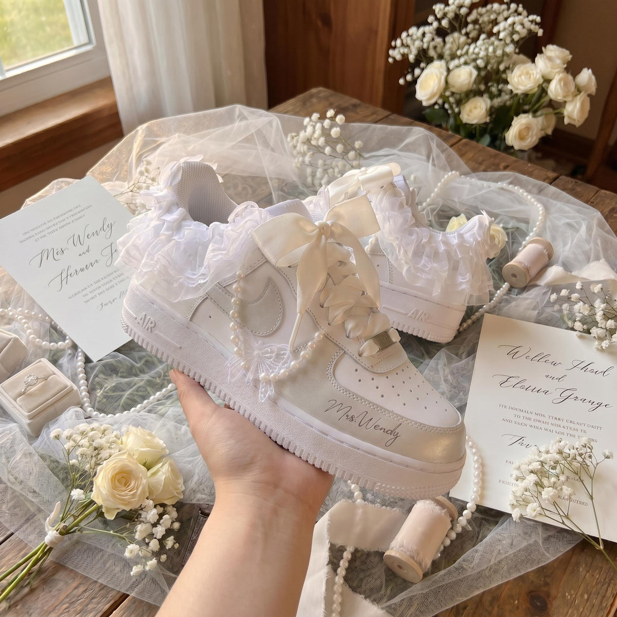 Bridal Wedding Sneakers Ruffled Lace Bow Pearl Custom Shoes for Bride, Personalized Name & Date