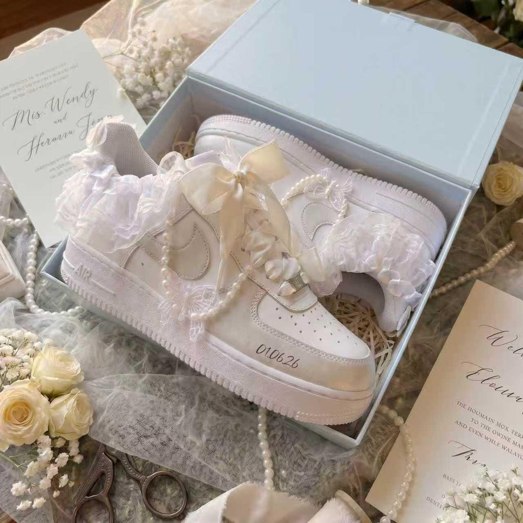 Bridal Wedding Sneakers Ruffled Lace Bow Pearl Custom Shoes for Bride, Personalized Name & Date