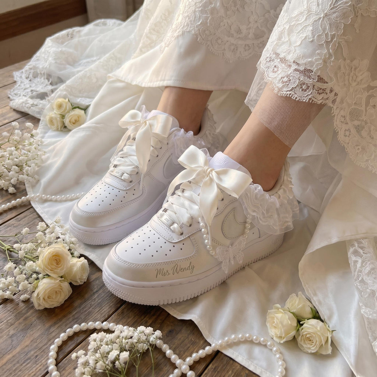 Bridal Wedding Sneakers Ruffled Lace Bow Pearl Custom Shoes for Bride, Personalized Name & Date