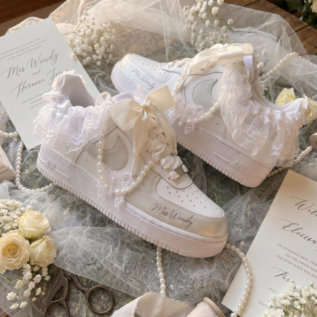 Bridal Wedding Sneakers Ruffled Lace Bow Pearl Custom Shoes for Bride, Personalized Name & Date