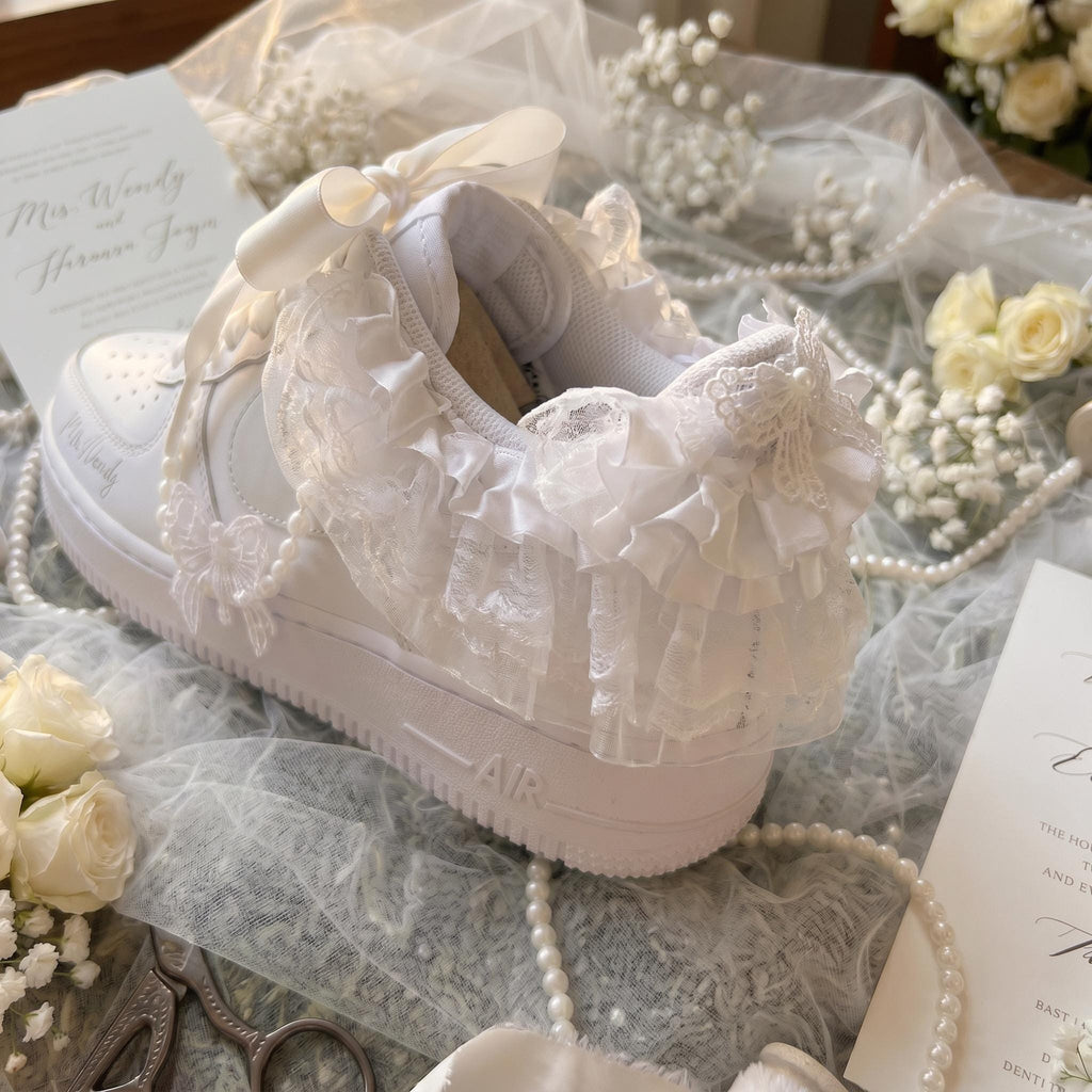 Bridal Wedding Sneakers Ruffled Lace Bow Pearl Custom Shoes for Bride, Personalized Name & Date