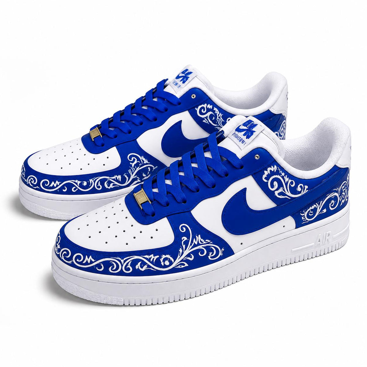 Blue Artistic Custom AF1 ,Handcrafted Blue Floral Fashion Sneakers,Unique Shoes & Holiday Gift