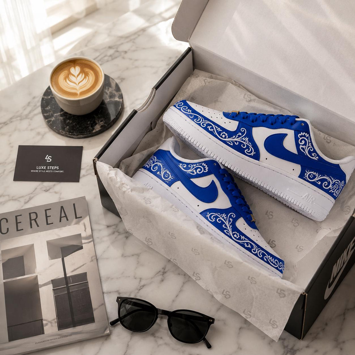 Blue Artistic Custom AF1 ,Handcrafted Blue Floral Fashion Sneakers,Unique Shoes & Holiday Gift