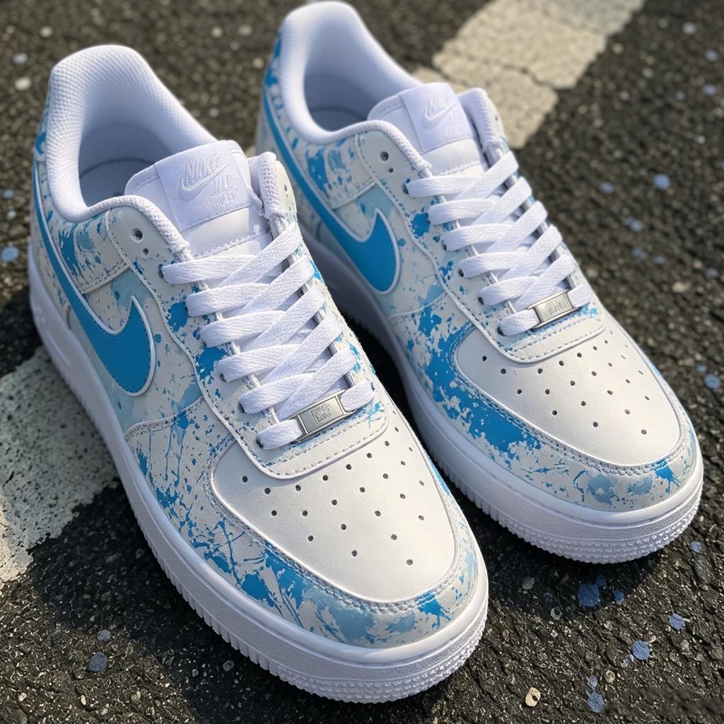 Blue Splatter Paint Air Force 1, Minimalist Custom Shoes, Handmade Street Style Sneakers, Unisex Gift