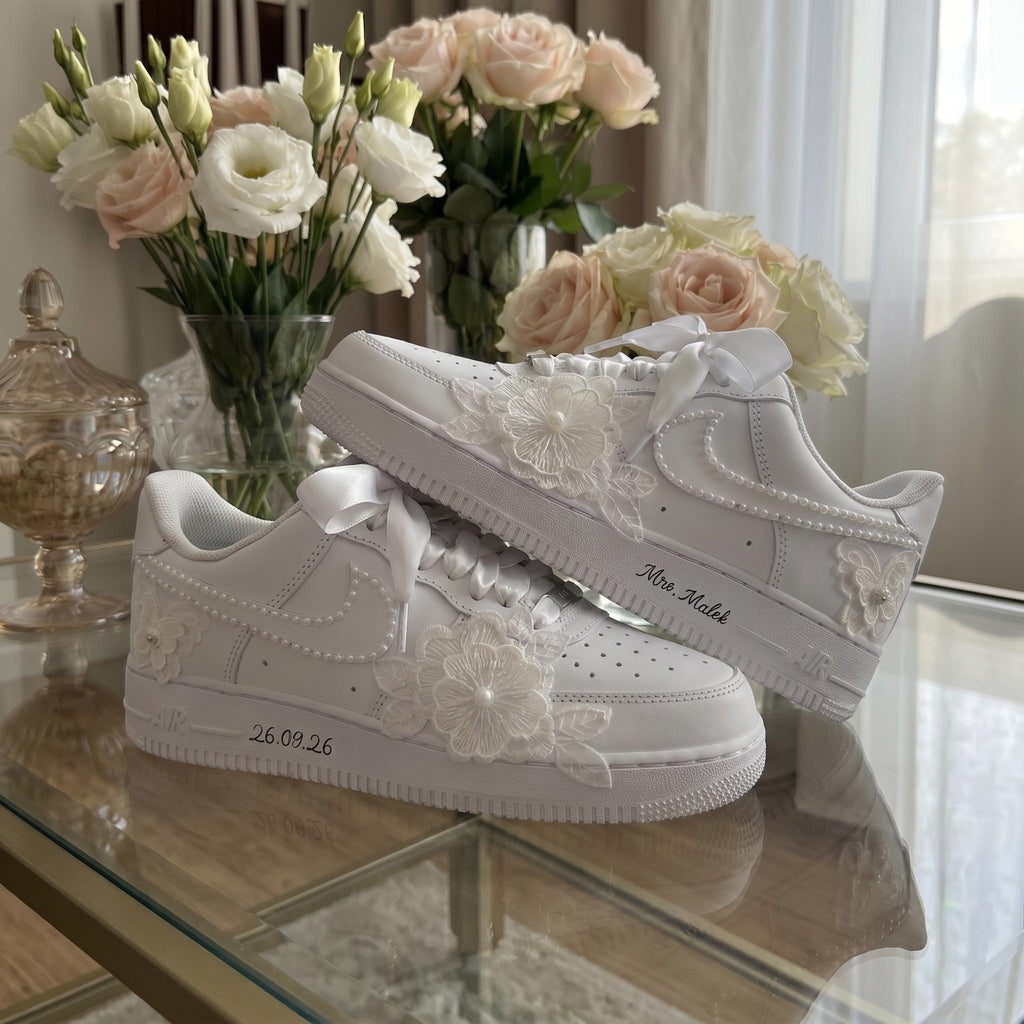 Bridal Wedding Sneakers | Lace Flower & Pearl Custom Shoes for Bride, Personalized with Name