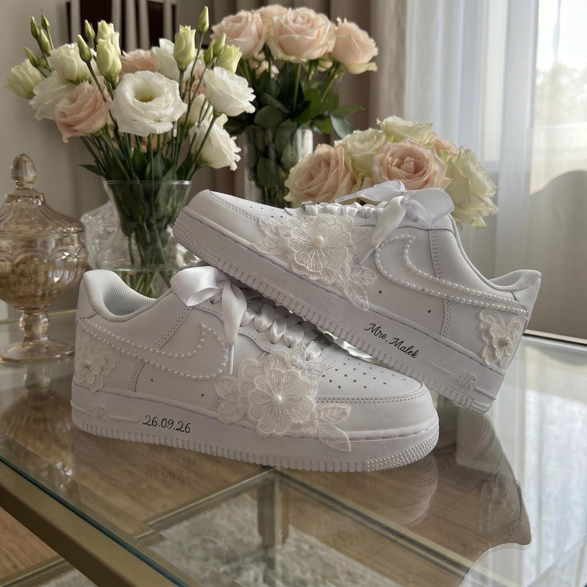 Bridal Wedding Sneakers | Lace Flower & Pearl Custom Shoes for Bride, Personalized with Name