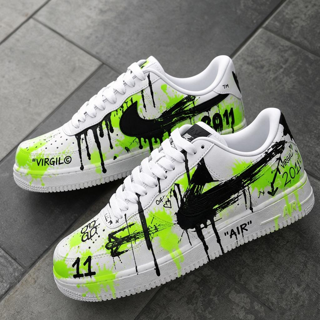 Custom Graffiti Air Force 1 Sneakers, Green Black Hand-Painted and Spray-Painted Shoes, Gift for Him Her