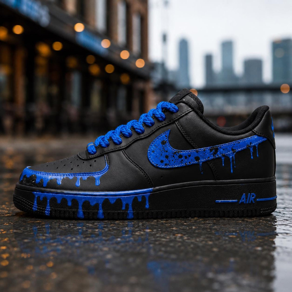Black&Blue Drip Shoes,Splash Drip Shoes Streetwear,Stacked Liquid Drip AF1 with Rope Laces