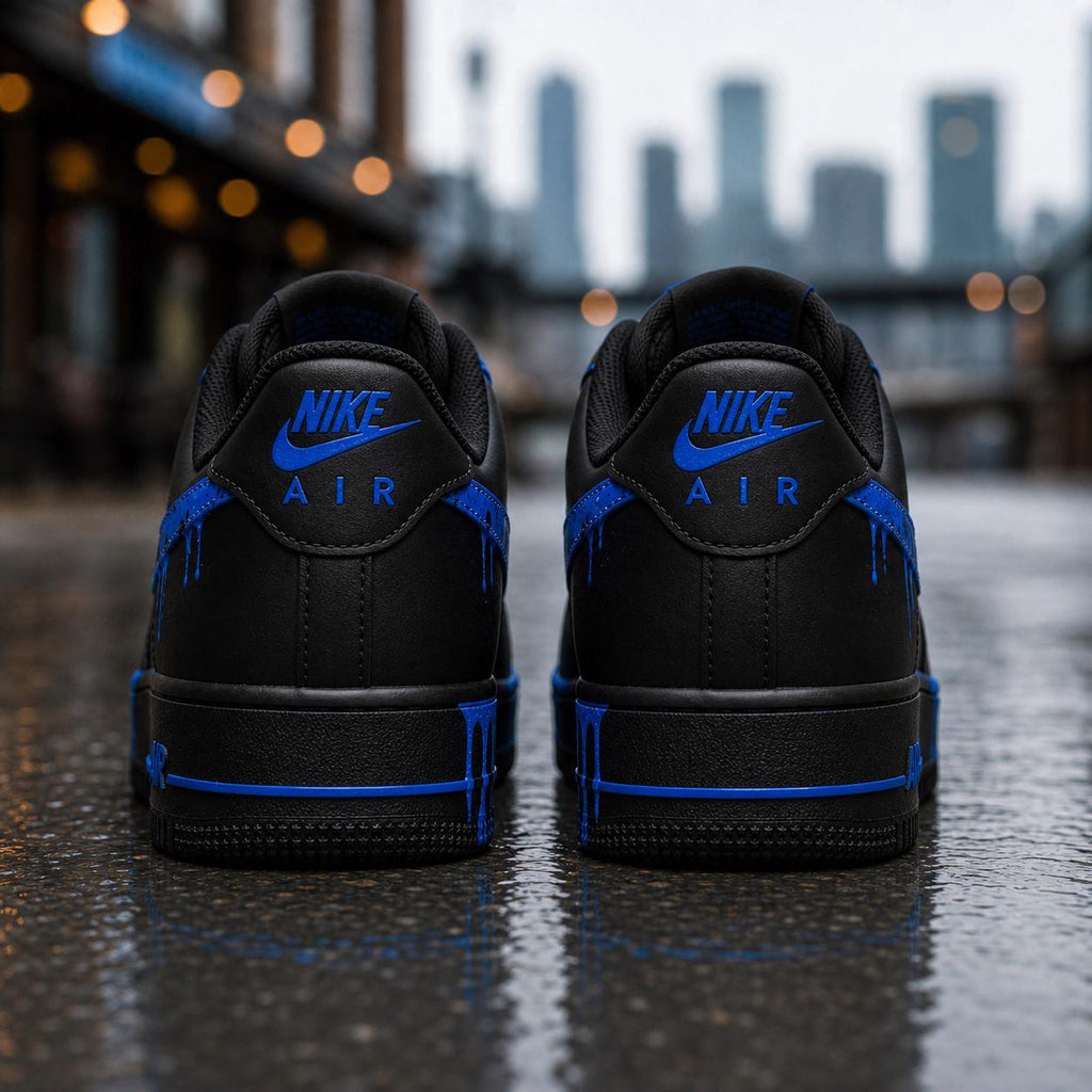 Black&Blue Drip Shoes,Splash Drip Shoes Streetwear,Stacked Liquid Drip AF1 with Rope Laces