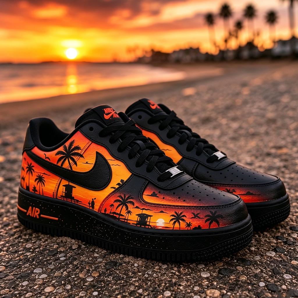 Custom Air Force 1 Sunset Beach Sneakers, Hand Painted Tropical Palm Tree Shoes, Yellow&Black Romantic Style Shoes for Him