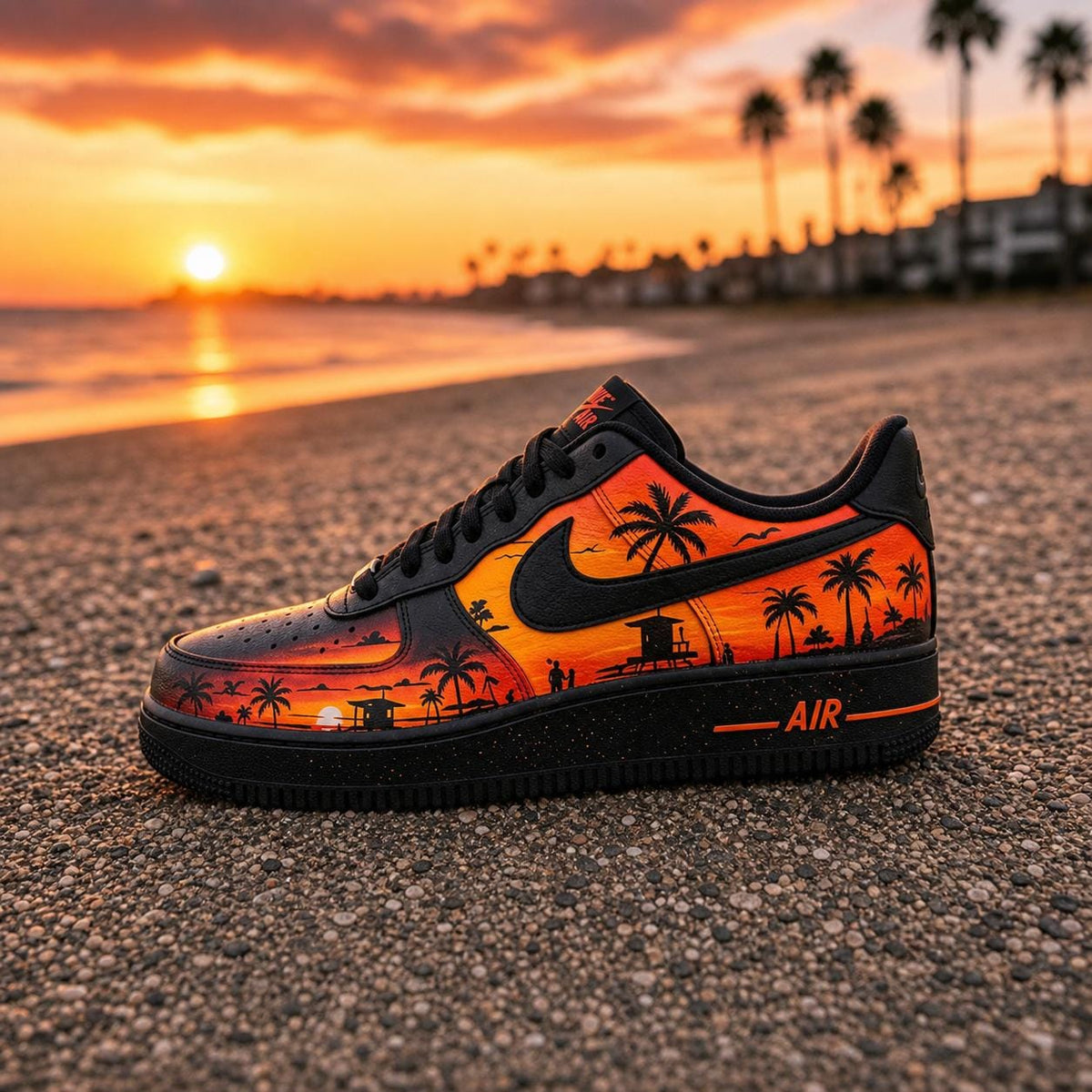 Custom Air Force 1 Sunset Beach Sneakers, Hand Painted Tropical Palm Tree Shoes, Yellow&Black Romantic Style Shoes for Him