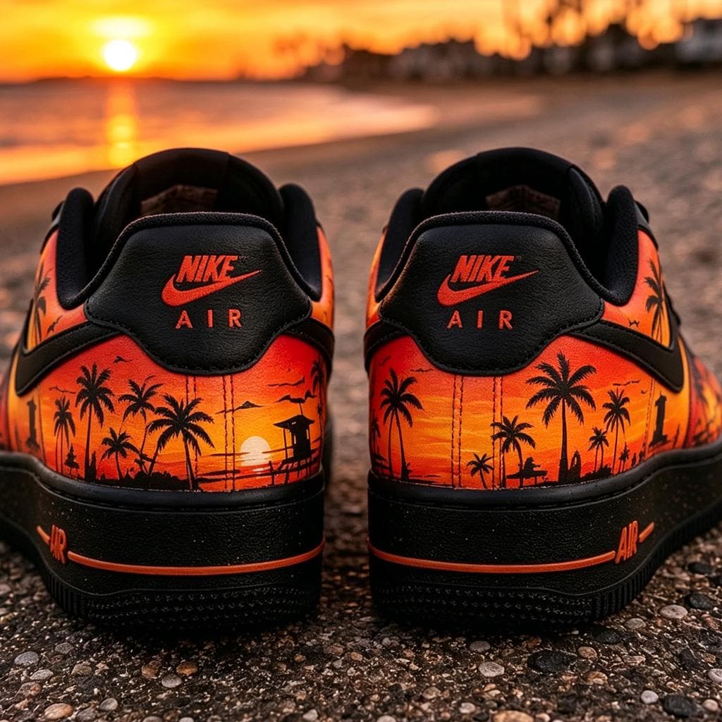 Custom Air Force 1 Sunset Beach Sneakers, Hand Painted Tropical Palm Tree Shoes, Yellow&Black Romantic Style Shoes for Him