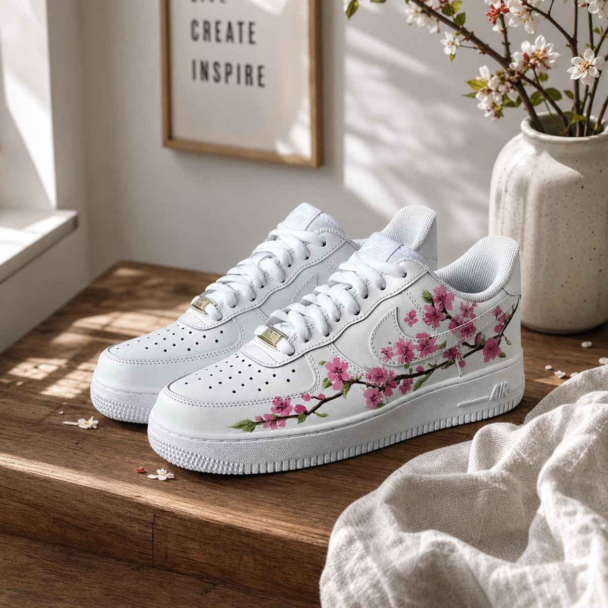 Cherry Blossoms Sneakers, Hand-Painted Floral Sakura Art Shoes, Personalized AF1 Birthday Anniversary Gifts for Her