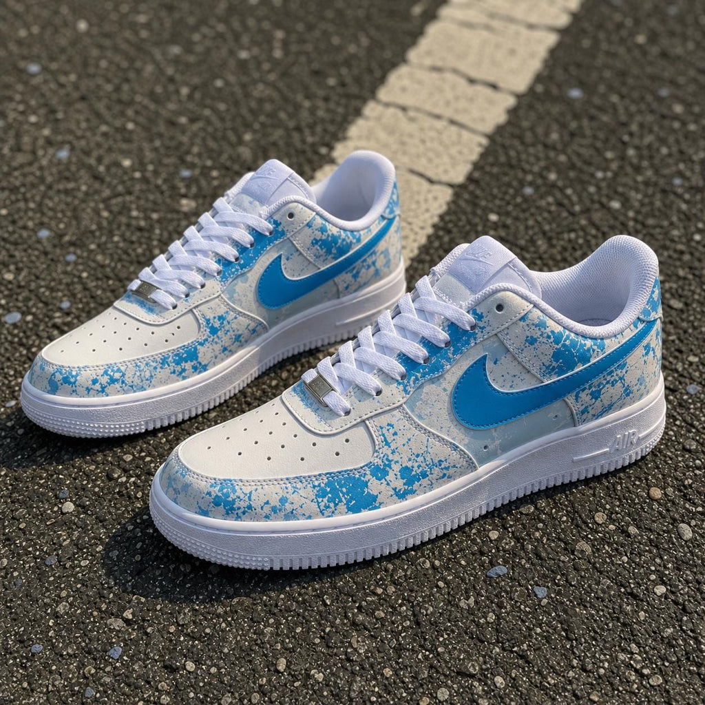 Blue Splatter Paint Air Force 1, Minimalist Custom Shoes, Handmade Street Style Sneakers, Unisex Gift