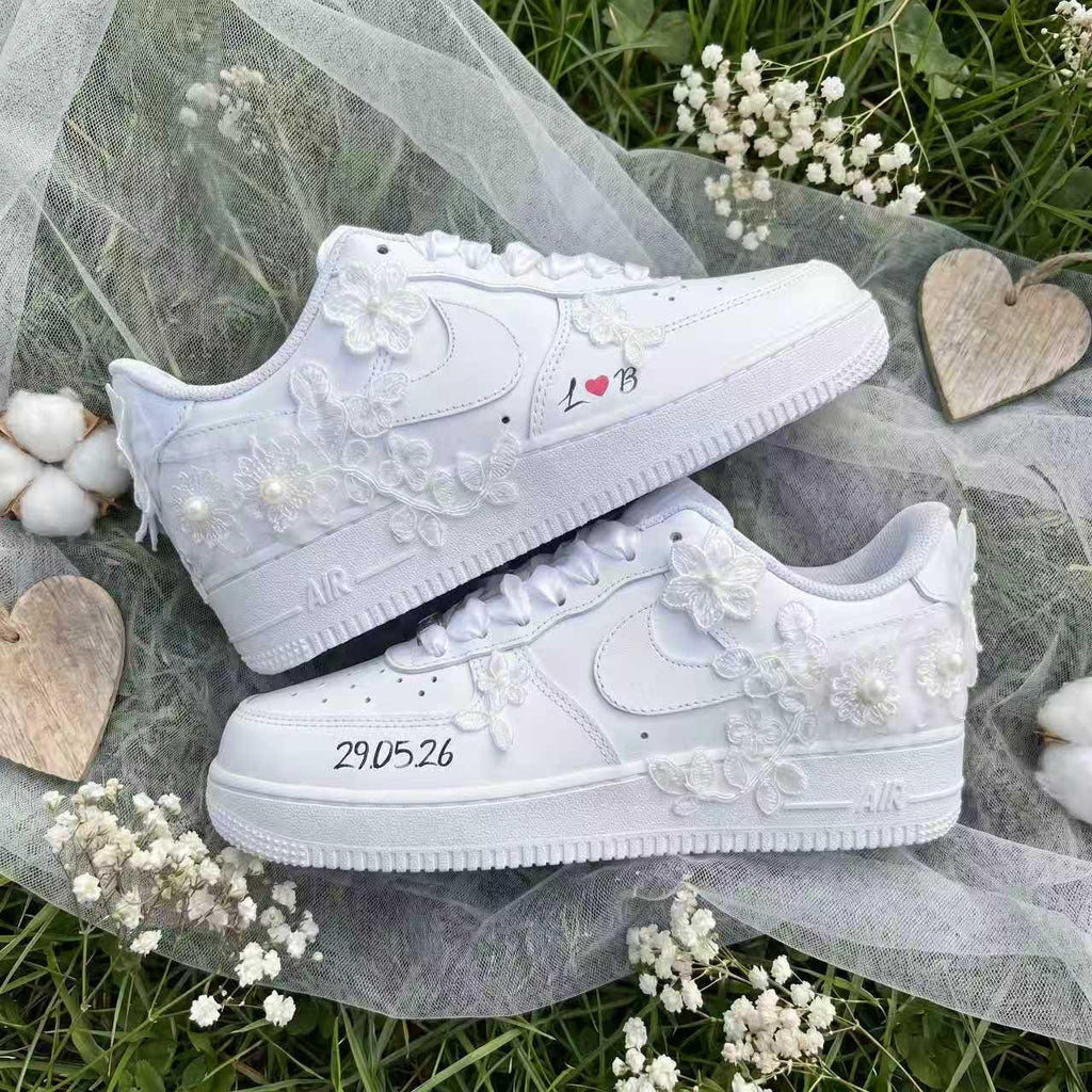 Custom Bridal Sneakers Lace Floral & Pearl Shoes for Bride, Personalized Name Wedding Date