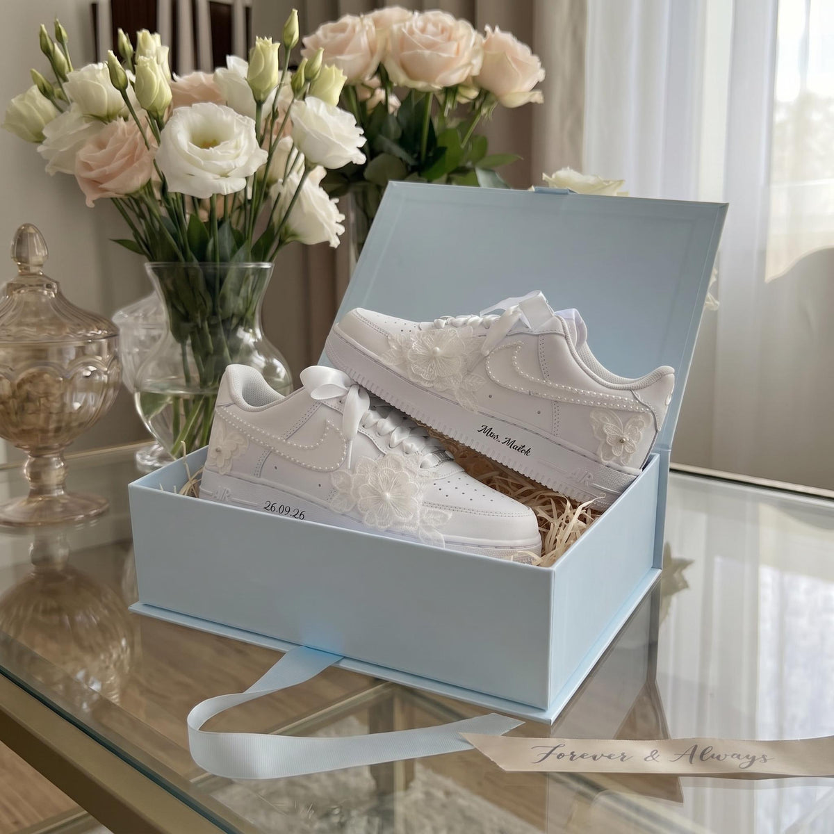 Bridal Wedding Sneakers | Lace Flower & Pearl Custom Shoes for Bride, Personalized with Name