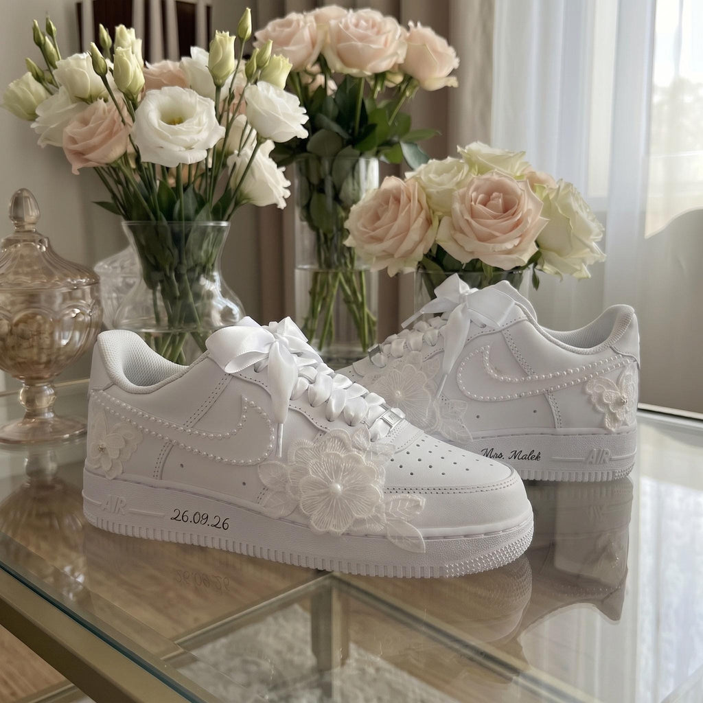 Bridal Wedding Sneakers | Lace Flower & Pearl Custom Shoes for Bride, Personalized with Name