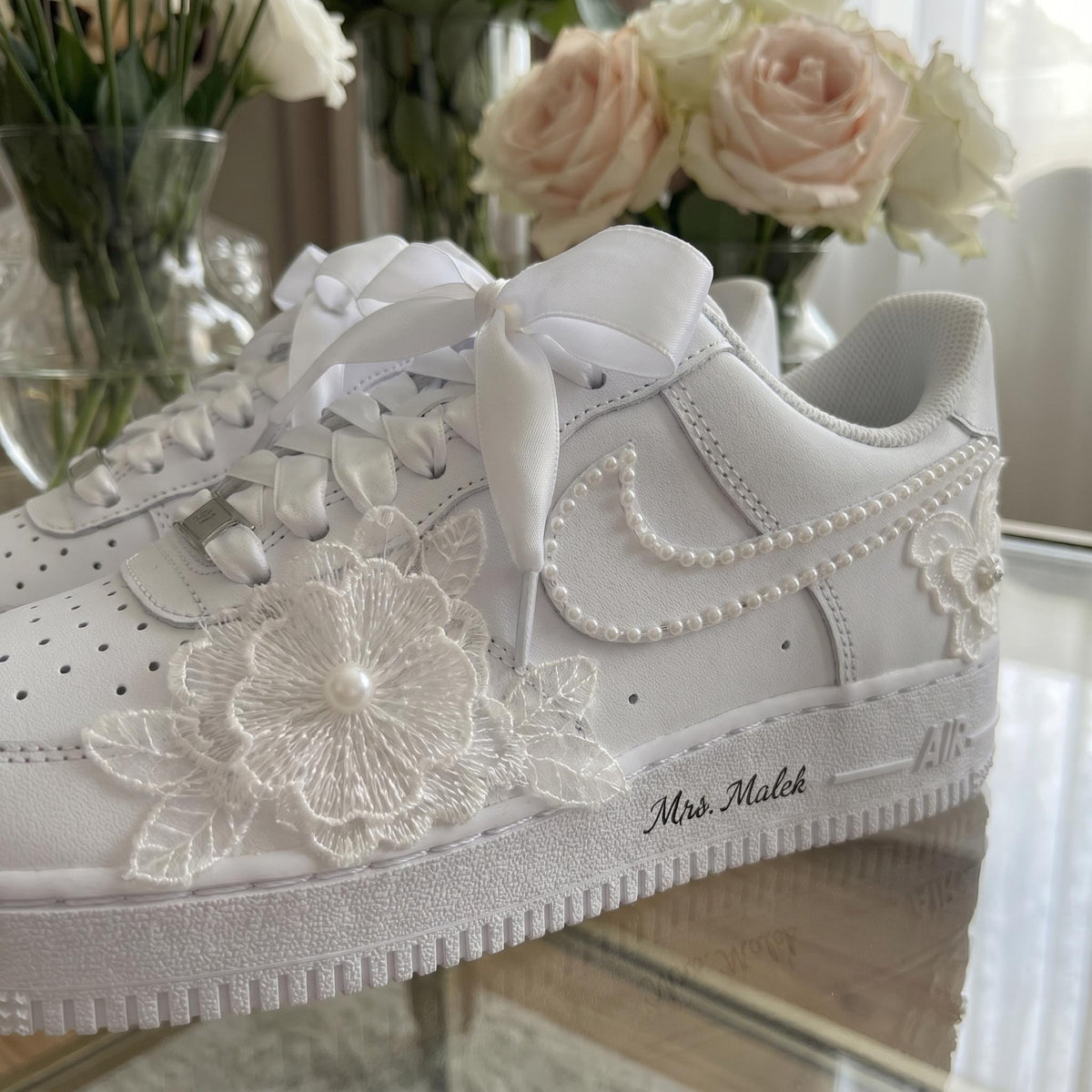 Bridal Wedding Sneakers | Lace Flower & Pearl Custom Shoes for Bride, Personalized with Name