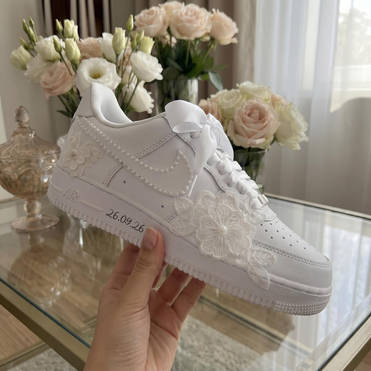 Bridal Wedding Sneakers | Lace Flower & Pearl Custom Shoes for Bride, Personalized with Name