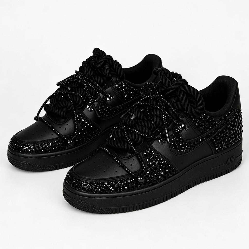 Black Crystal AF1 Custom Sneakers, Dark Luxury Party Footwear, Unique Gift for Birthday & Graduation