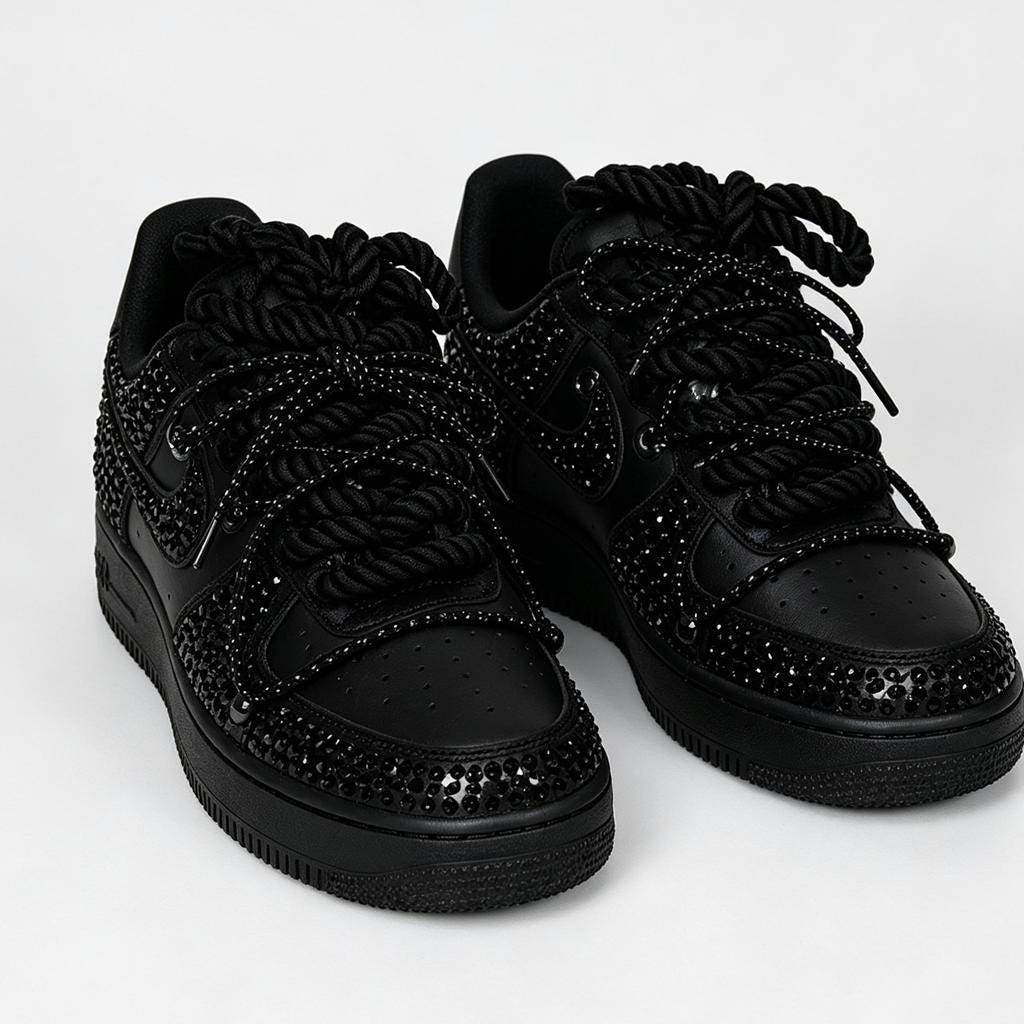 Black Crystal AF1 Custom Sneakers, Dark Luxury Party Footwear, Unique Gift for Birthday & Graduation