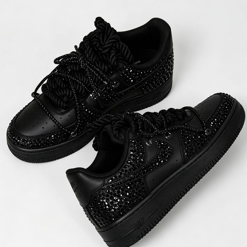 Black Crystal AF1 Custom Sneakers, Dark Luxury Party Footwear, Unique Gift for Birthday & Graduation