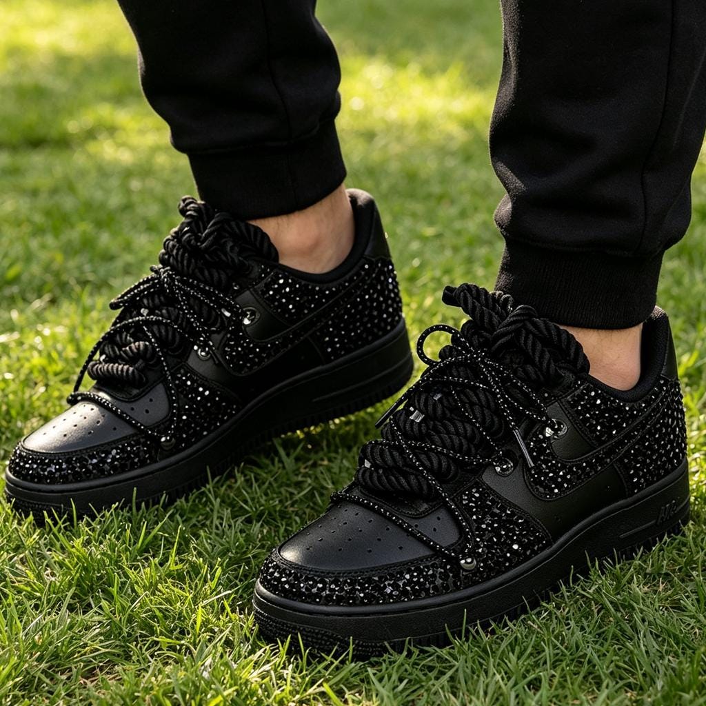 Black Crystal AF1 Custom Sneakers, Dark Luxury Party Footwear, Unique Gift for Birthday & Graduation