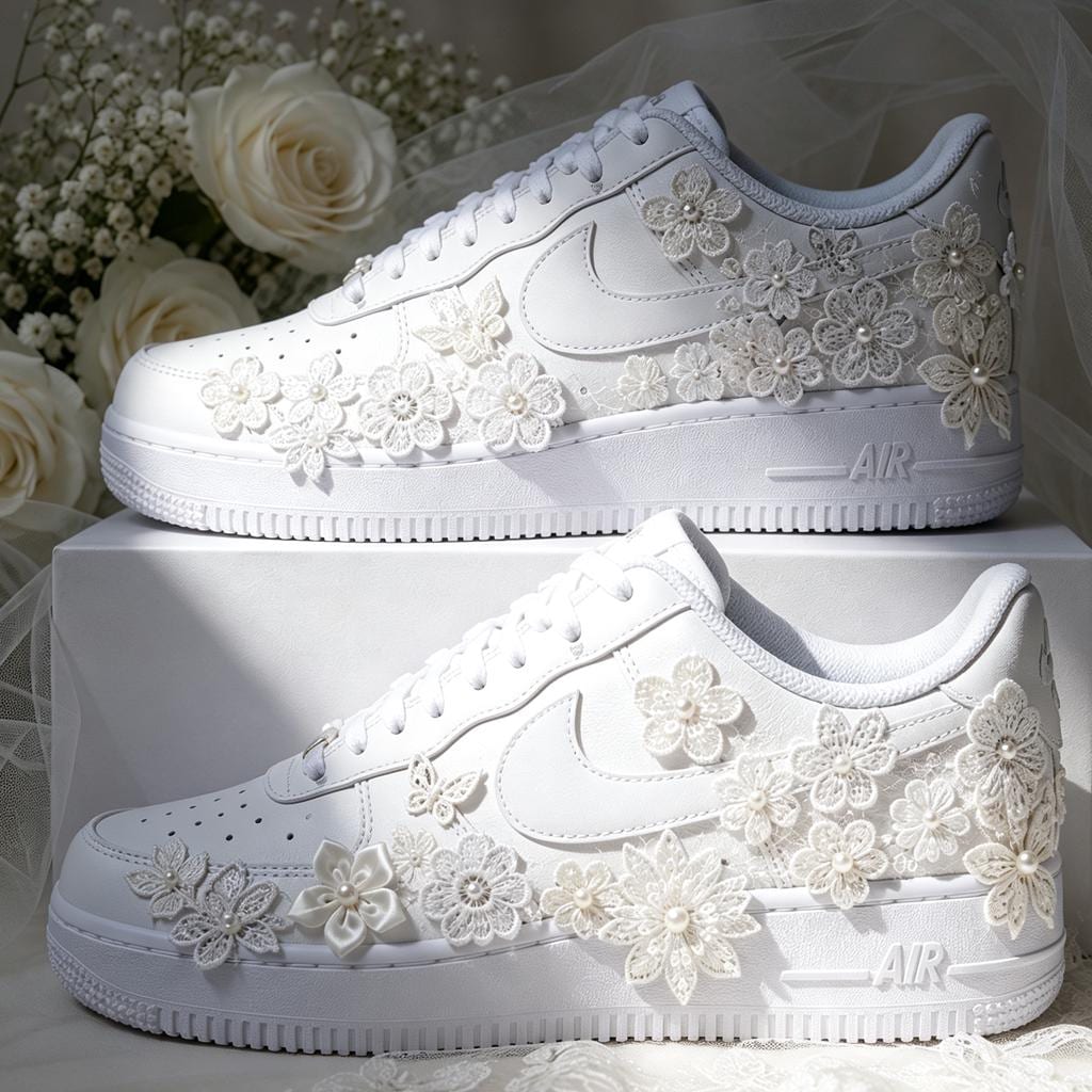 Custom Air Force 1 White Lace Floral Sneakers, Bridal Streetwear Kicks, Unique Designer Footwear for Wedding & Birthday
