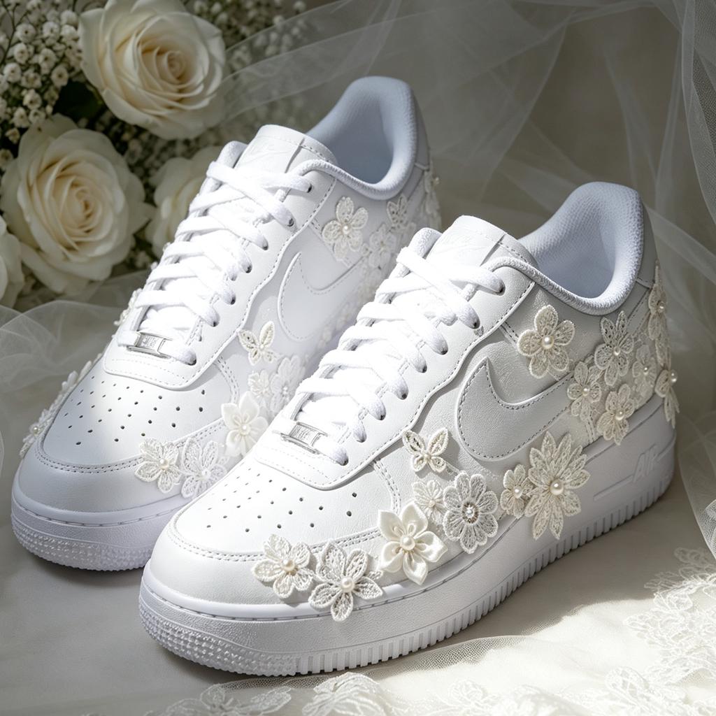Custom Air Force 1 White Lace Floral Sneakers, Bridal Streetwear Kicks, Unique Designer Footwear for Wedding & Birthday