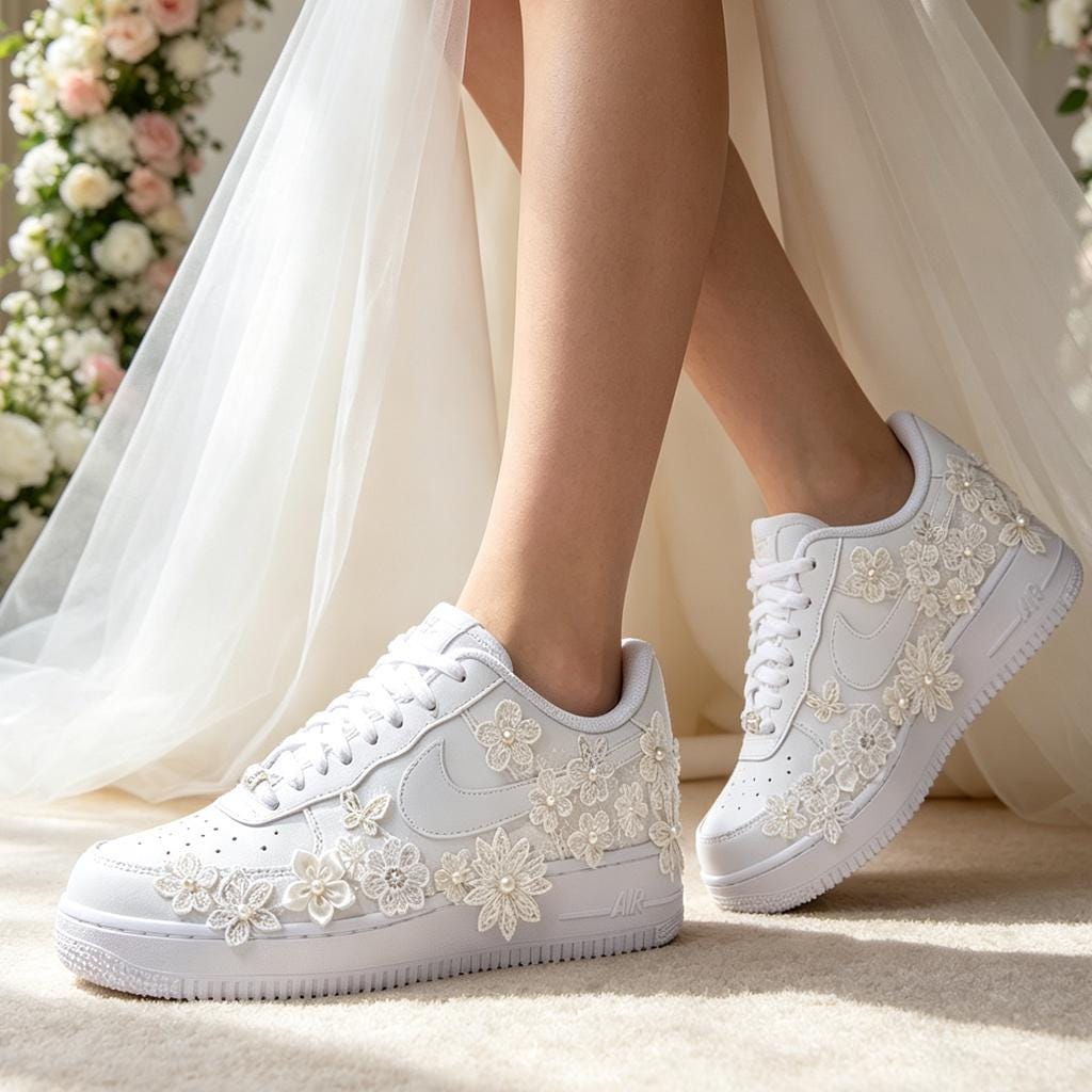 Custom Air Force 1 White Lace Floral Sneakers, Bridal Streetwear Kicks, Unique Designer Footwear for Wedding & Birthday