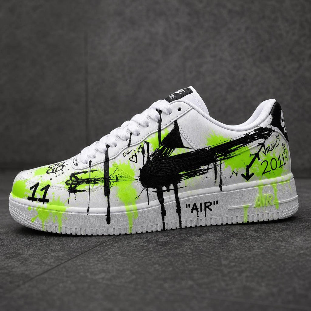 Custom Graffiti Air Force 1 Sneakers, Green Black Hand-Painted and Spray-Painted Shoes, Gift for Him Her