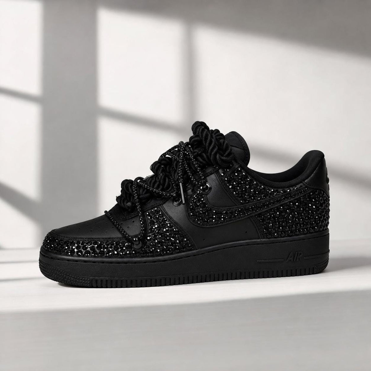 Black Crystal AF1 Custom Sneakers, Dark Luxury Party Footwear, Unique Gift for Birthday & Graduation