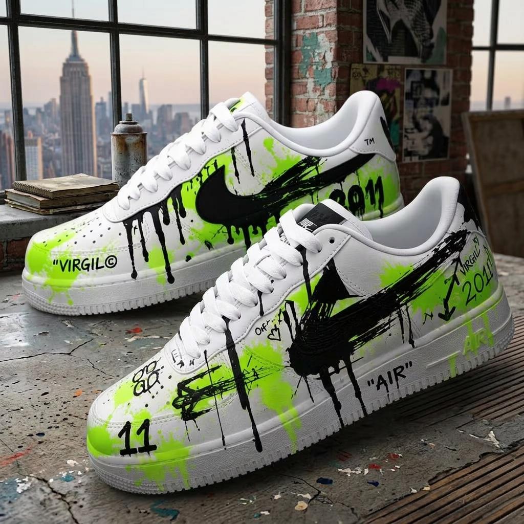 Custom Graffiti Air Force 1 Sneakers, Green Black Hand-Painted and Spray-Painted Shoes, Gift for Him Her