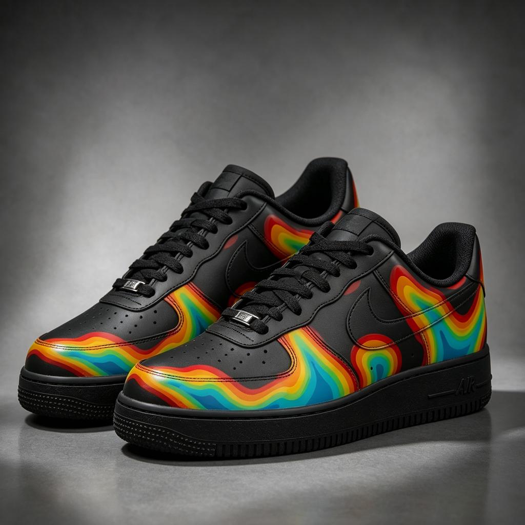 Custom Air Force 1 Thermal Wave Sneakers Hand Painted Black Shoes Gift for Him Her Birthday Graduation