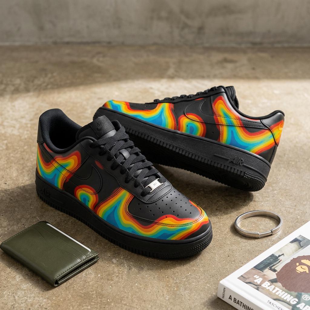 Custom Air Force 1 Thermal Wave Sneakers Hand Painted Black Shoes Gift for Him Her Birthday Graduation