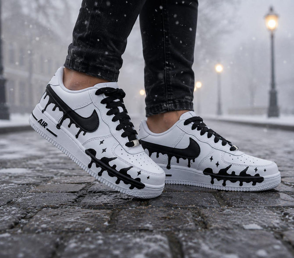 Air Force Style Custom Black Drip Sneakers-Hand Painted White Shoes -Unisex Streetwear Sneakers