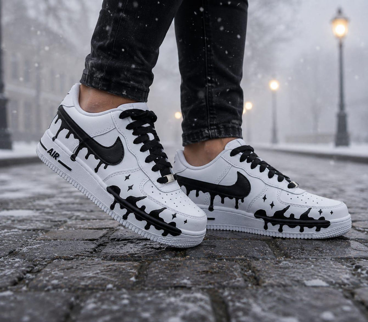 Air Force Style Custom Black Drip Sneakers-Hand Painted White Shoes -Unisex Streetwear Sneakers