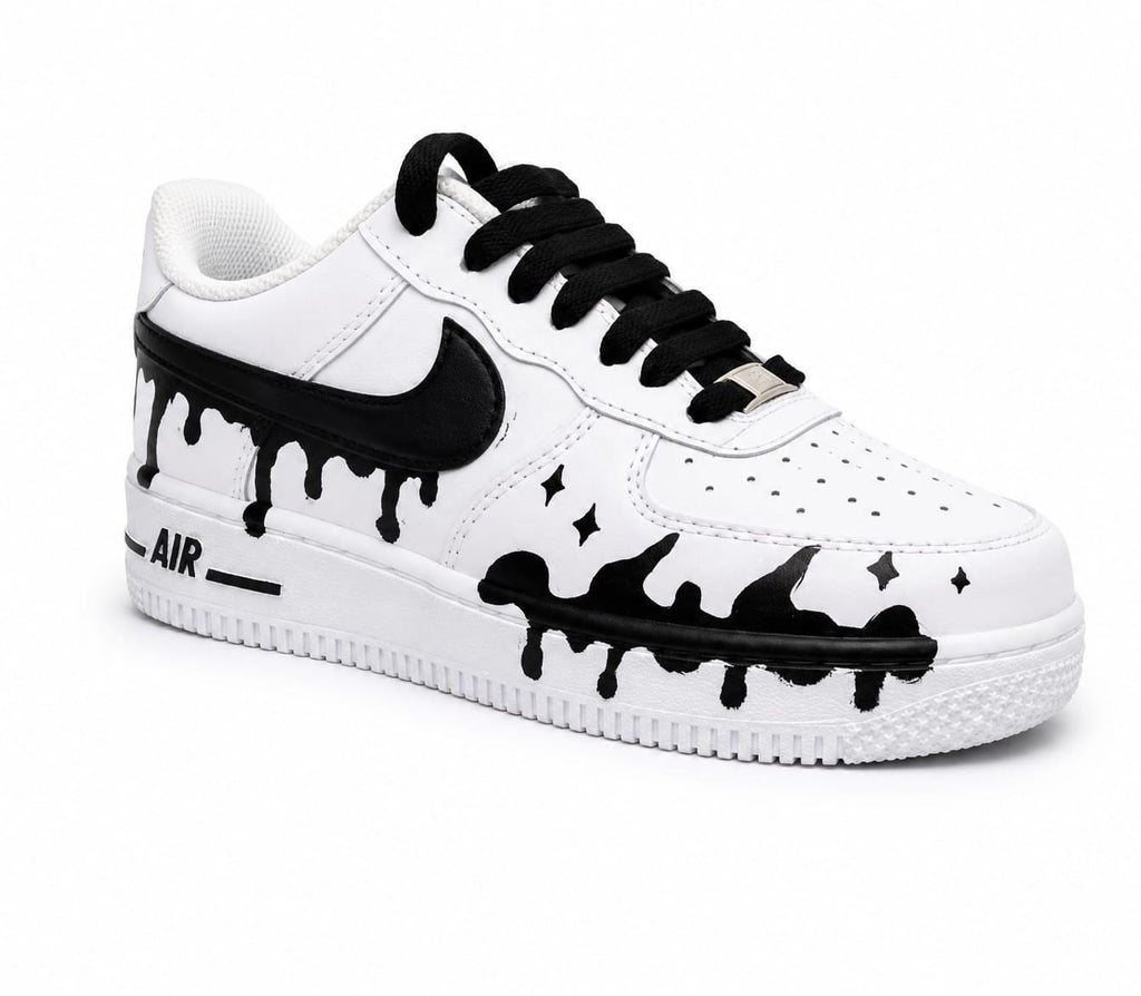 Air Force Style Custom Black Drip Sneakers-Hand Painted White Shoes -Unisex Streetwear Sneakers