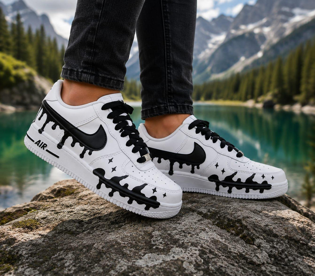 Air Force Style Custom Black Drip Sneakers-Hand Painted White Shoes -Unisex Streetwear Sneakers