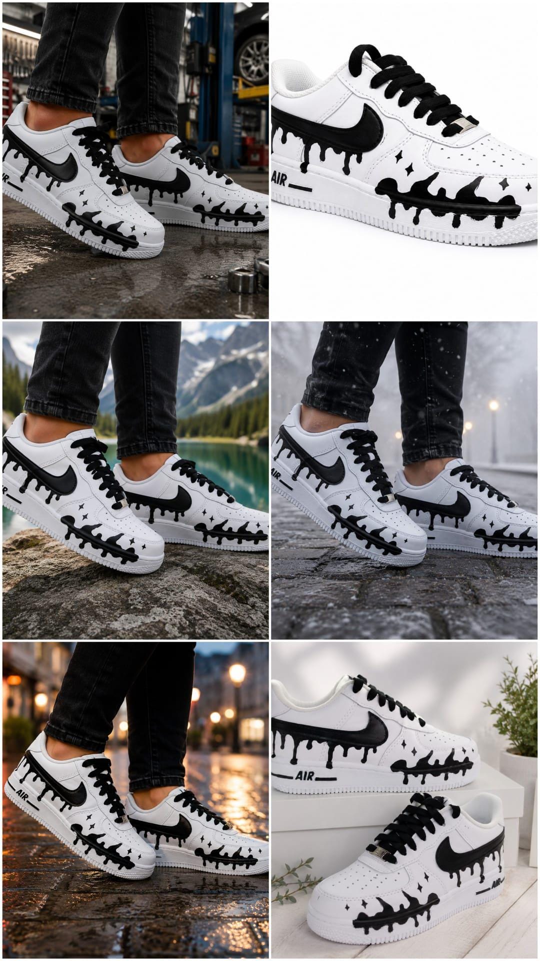 Air Force Style Custom Black Drip Sneakers-Hand Painted White Shoes -Unisex Streetwear Sneakers