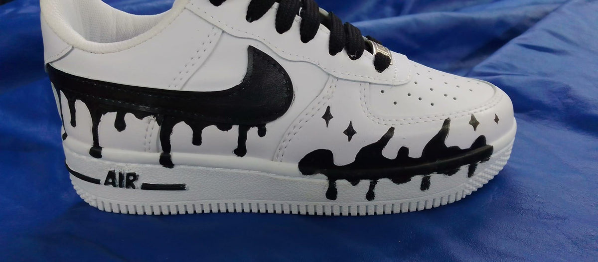 Air Force Style Custom Black Drip Sneakers-Hand Painted White Shoes -Unisex Streetwear Sneakers